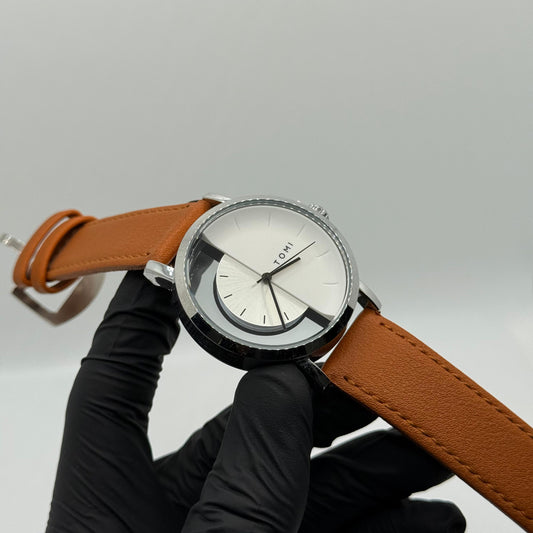 TOMI transparent dial with bronze leather strap
