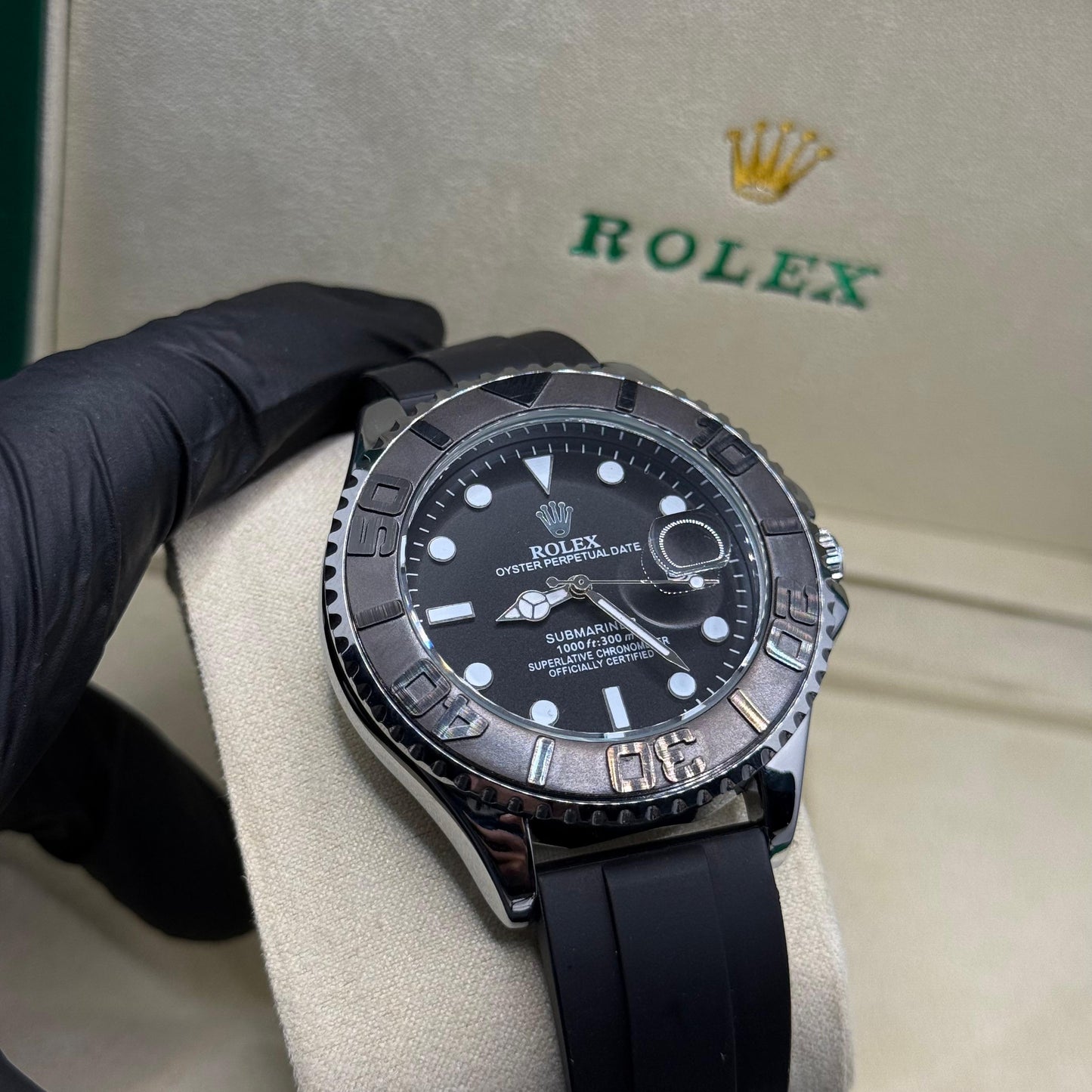 Rolex submariner strap with silver rotating & black dial  date just