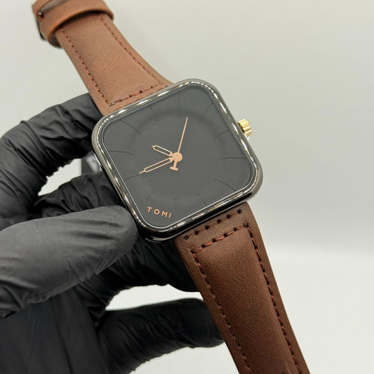 TOMI brown colour strap with square dial watch