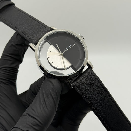 TOMI transparent dial with black leather strap