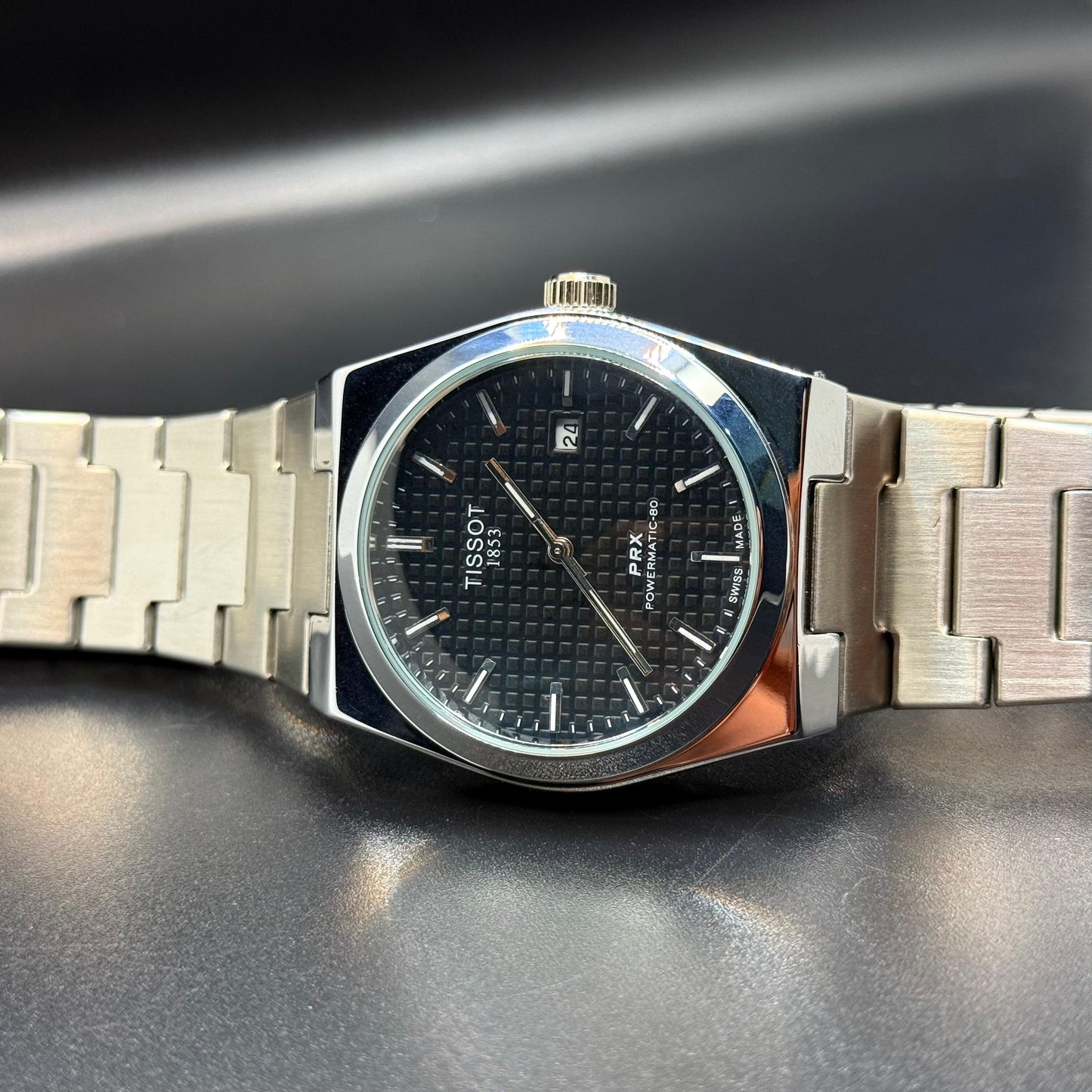 TISSOT PRX BLACK  dial with silver chain